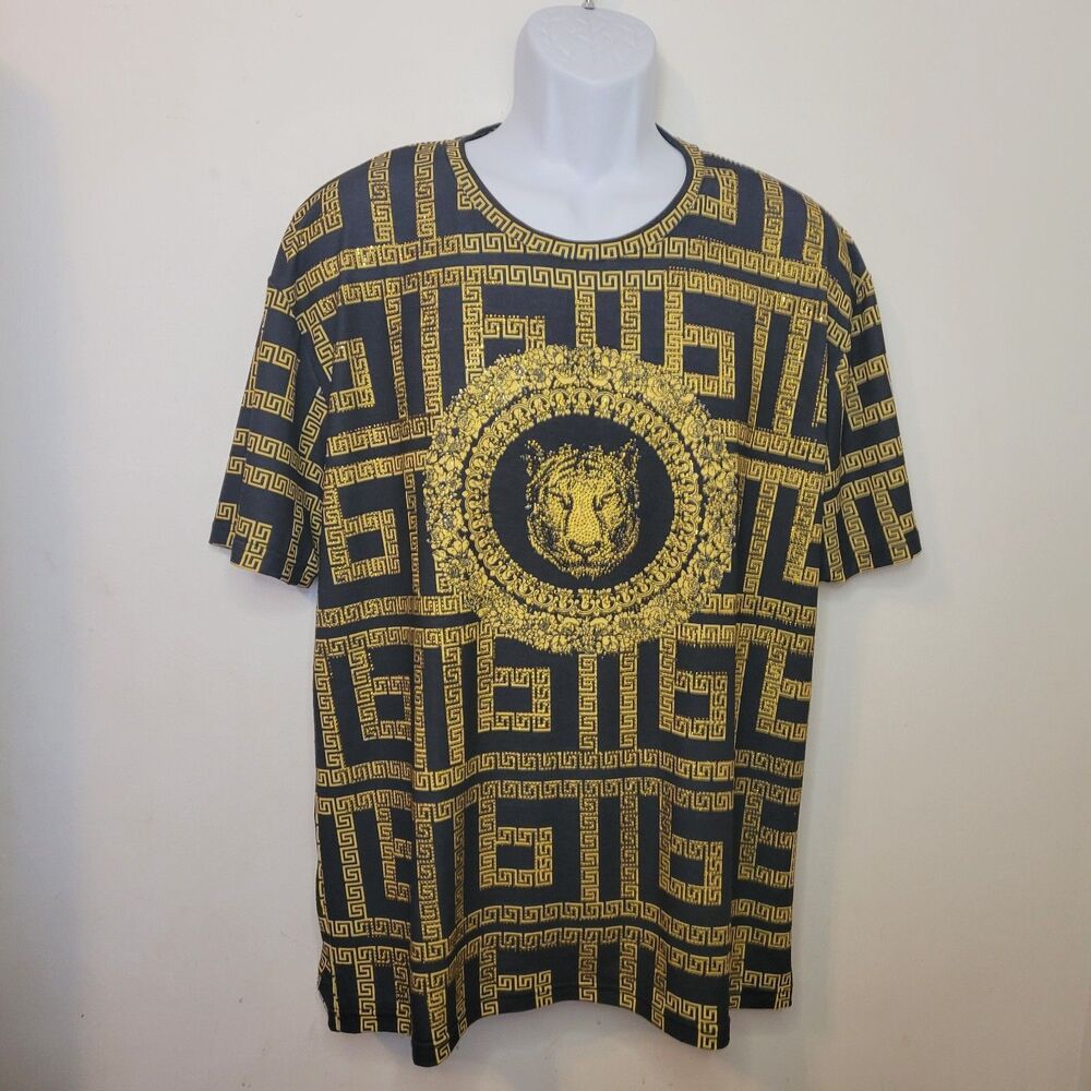 DE-NIKO Men’s 2XL Black Gold Baroque Lion Graphic T Shirt Short Sleeve